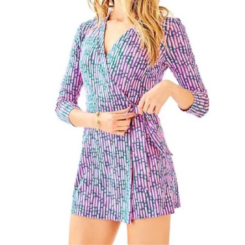 Lilly Pulitzer Karlie Wrap Romper Mandevilla Pink Slathouse Stripe Small EUC